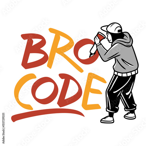 Graffiti artist painting bro code lettering spray paint
