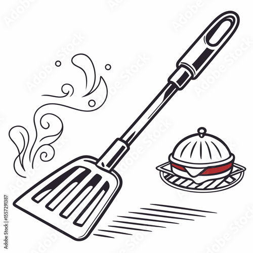 Spatula cooking burger on grill with steam vector