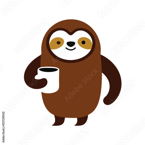 Cute brown sloth mascot holding a white coffee cup