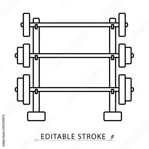 A weight rack icon in minimalist style with editable stroke. Dumbbell storage, gym equipment, fitness training, bodybuilding gear, strength workout, lifting tools, outline object, vector illustration.