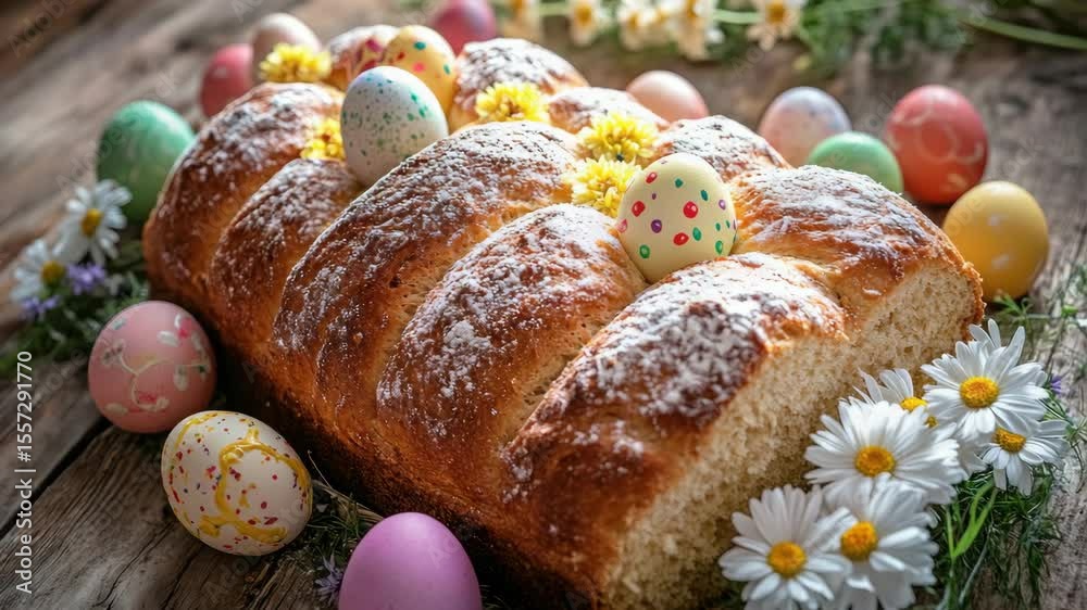 A loaf of bread decorated with icing, sprinkles, and Easter eggs on a rustic wooden table. A traditional festive sweet pastry for the Easter holiday.