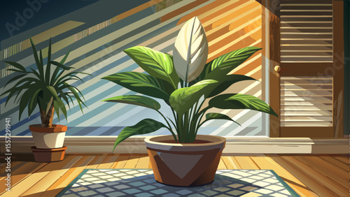 Peace lily with broad leaves in large clay pot, shaded living room corner, soft light beam through blinds, patterned rug, calming shadows, wellness decor in American apartment.

