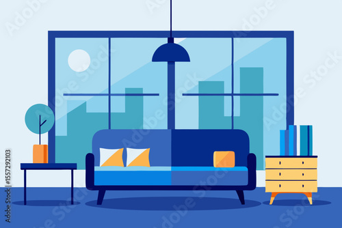 A Contemporary Loft Apartment Living Room With A Large Window And A Modern Sofa