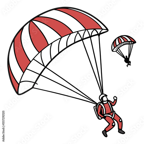 Skydivers descending with red and white parachutes