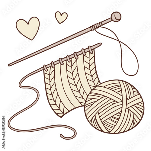 Knitting needles yarn and hearts craft