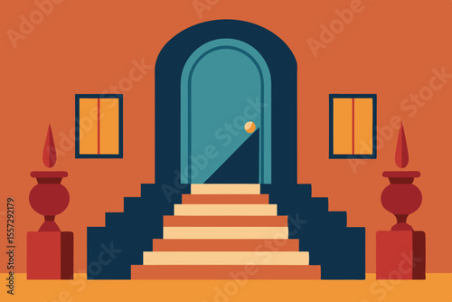 A Stylized Illustration Of A House Lobby With A Staircase In A Minimalist Style