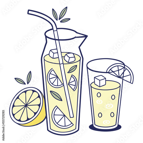 Lemonade pitcher and glass with lemon slices and ice