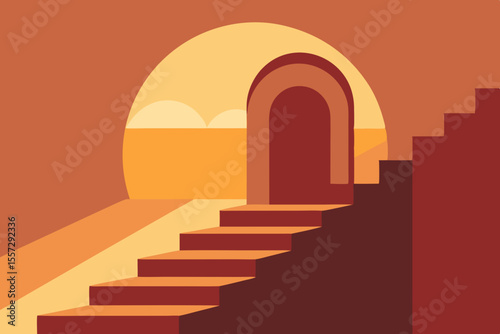 A Beautiful Cartoon Scene Of A Staircase Bathed In Warm Sunlight For A Cheerful Mood
