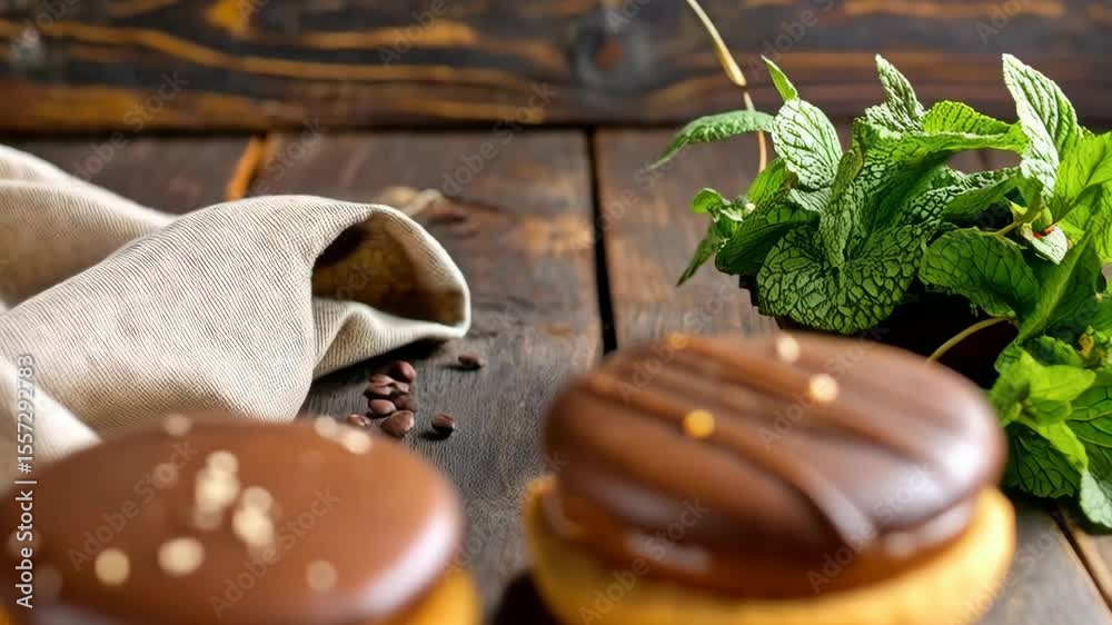 Delicious chocolate covered alfajores cookies stacked on rustic wooden surface with mint garnish and linen cloth, featuring golden brown biscuits and caramel filling