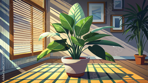 Peace lily with broad leaves in large clay pot, shaded living room corner, soft light beam through blinds, patterned rug, calming shadows, wellness decor in American apartment.

