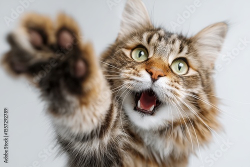 Playful cat giving a joyful high five on minimalistic background for pet lovers and enthusiasts