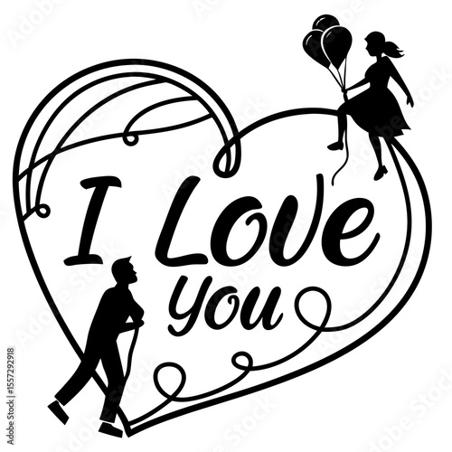 Romantic couple heart with balloons and text love romance