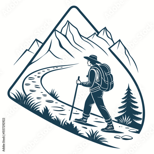Hiker with backpack and pole on mountain path hiking