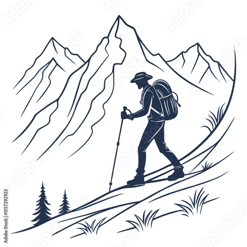 Hiker trekking uphill with poles and backpack mountain