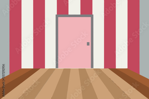 An Empty Room With Wooden Floors And Pink And White Striped Walls For A Fun Look