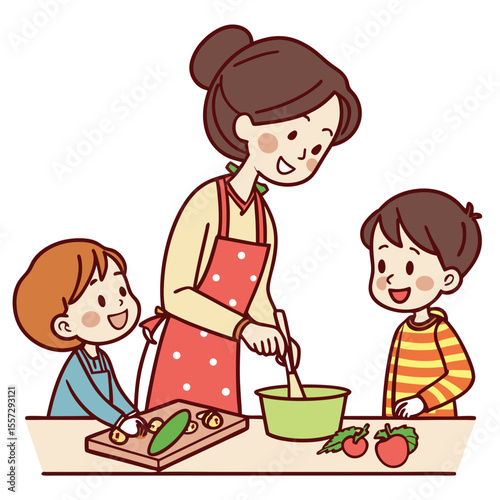 Mother and children cooking together happily kitchen