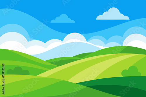 A Beautiful Vector Illustration Of A Scenic Landscape With Rolling Green Mountains