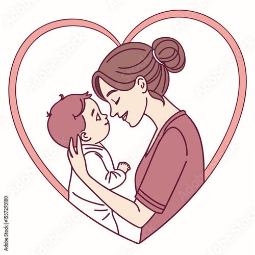 Mother and baby embrace in heart frame love