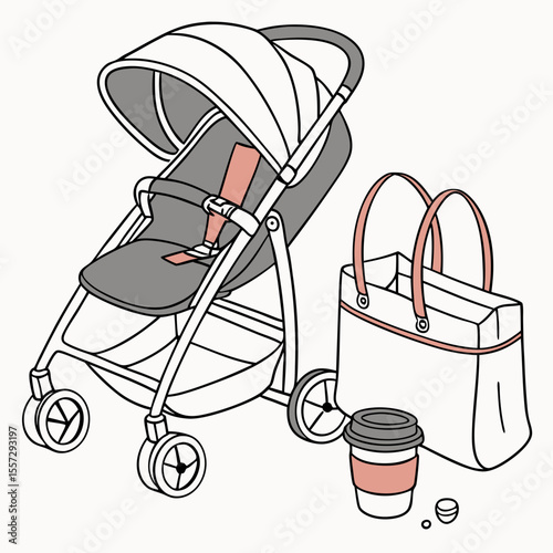 Gray stroller with pink accents and coffee cup baby