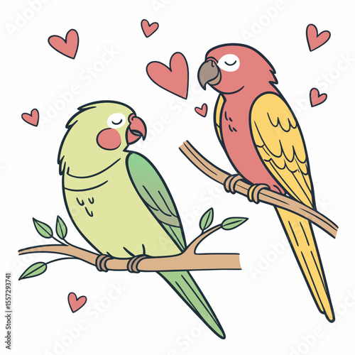 Green and pink parrots on branches with hearts lovebirds