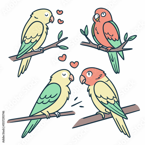 Cute lovebirds perched on branches with hearts parrots
