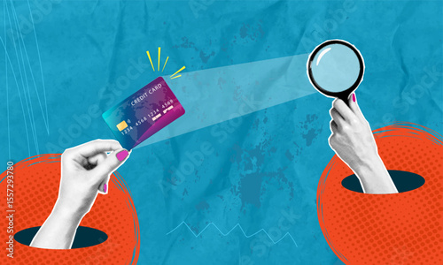 Trendy halftone pop art collage, bank card and magnifying glass. Concept of espionage and fraud.