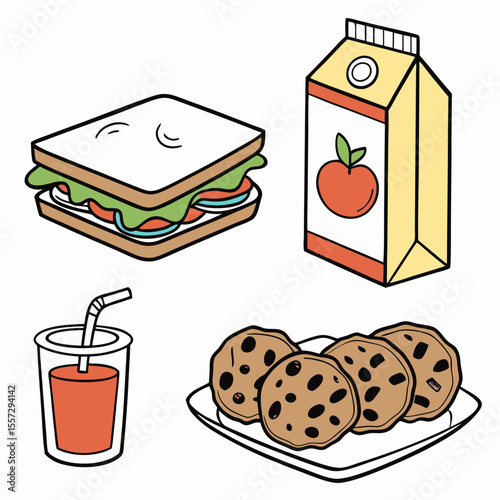 Sandwich drink cookies juice carton vector