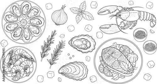 Line art illustration showing various types of discarded food items