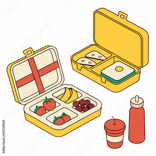 Yellow lunchboxes with fruit and vegetables food healthy