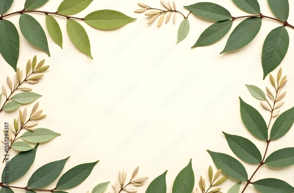 Naklejka premium Pressed Leaves and Recycled Paper Background for Nature Journals in Soft Moss, Fern, and Oat Tones with Clean Botanical Layout