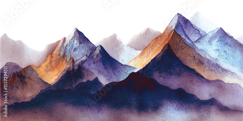 Snowy mountain peak illuminated by sunrise above the clouds. watercolor style mountains range, blue, pink and green colors on white and transparent background	