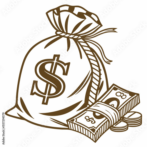 Money bag with dollar sign and currency cash wealth