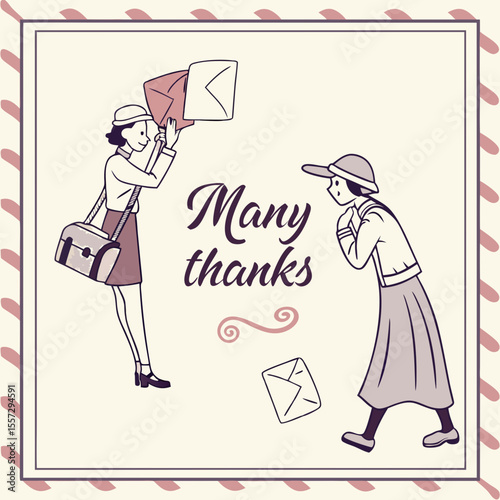 Retro postcard thank you greeting with women and mail