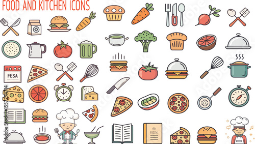 Vibrant flat icons for food and kitchen essentials isolated on transparent background
