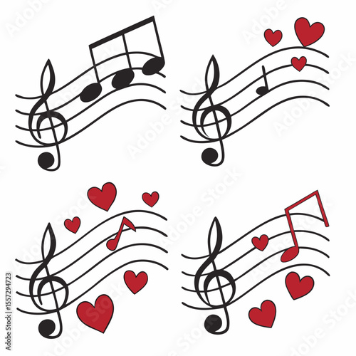 Musical notes and hearts on staff lines music notes