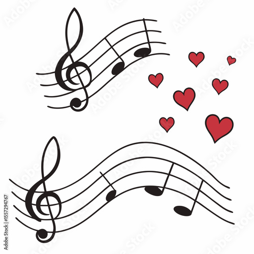 Musical notes and red hearts treble clef