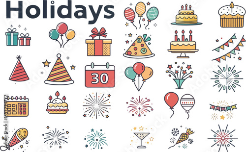 Collection of holiday themed line icons for festive celebrations isolated on transparent background