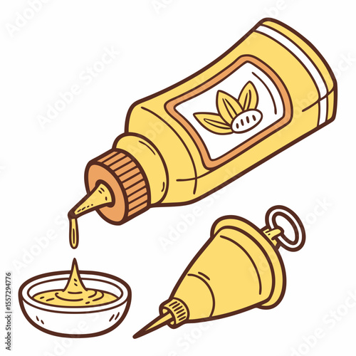 Yellow mustard bottles and dipping bowl condiment squeeze bottle