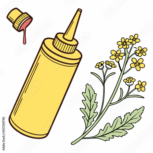 Yellow mustard bottle with cap and mustard plant condiment