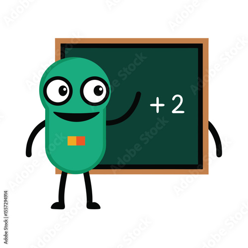 Green mascot teaching math with plus two on chalkboard