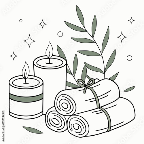 Spa candles rolled towels green leaves sparkles vector