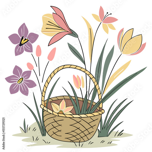 Woven basket overflowing with blooming spring flowers