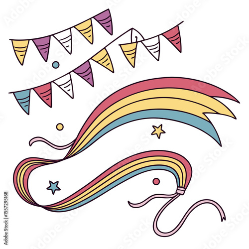 Festive bunting and rainbow streamers with stars vector