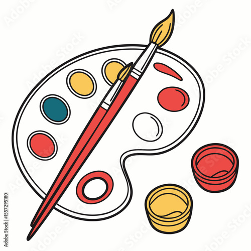 Art palette with brushes and paint pots artist painting
