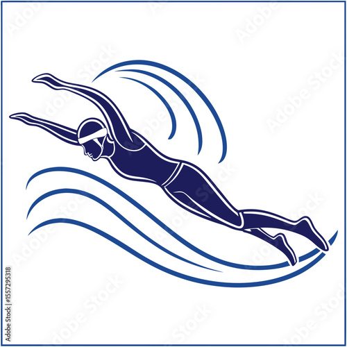 Swimmer in motion with water waves swimming freestyle