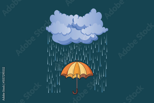 Cartoon rain falling over umbrella, vector flat style artwork in soft tones, rainy weather concept for baby designs, wall posters, and seamless backgrounds
