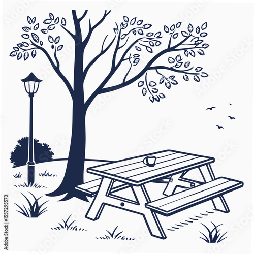 Picnic scene with tree and cup picnic table park