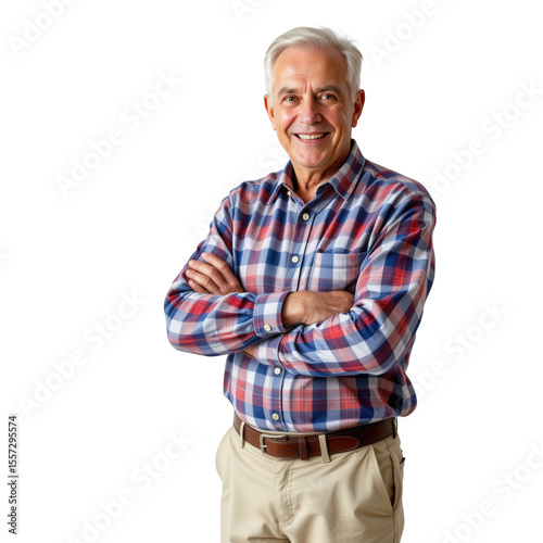 Happy senior man smiling in a casual blue and red checkered shirt standing against a white background