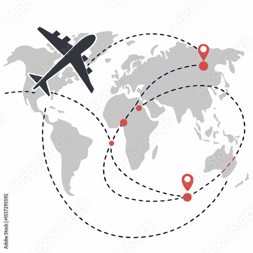 Dark airplane travels across gray world map with red pins