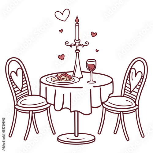 Romantic dinner table with wine and hearts chairs